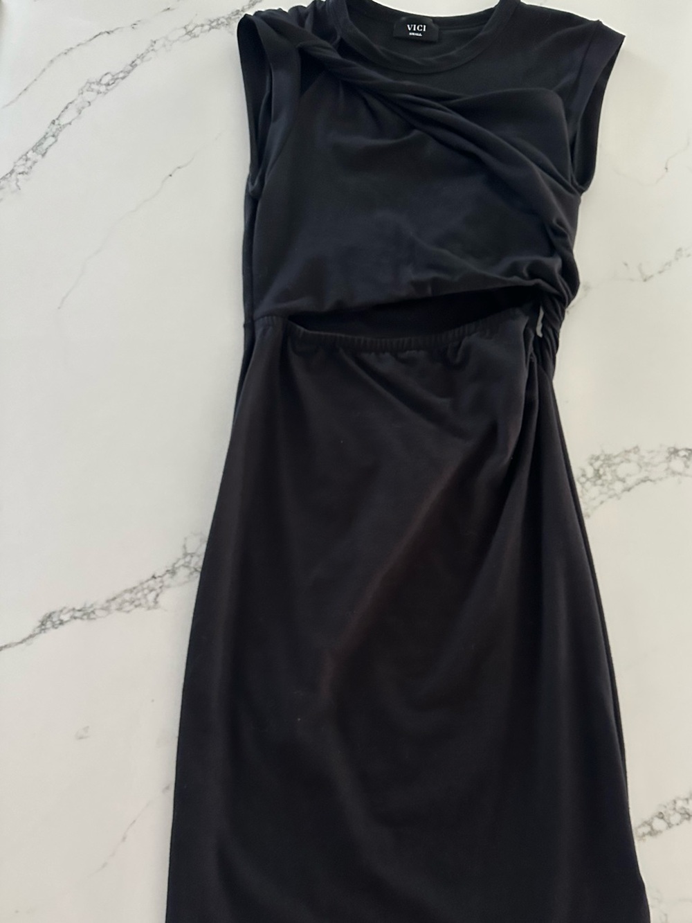 Vici Black Sleeveless Twist-Detail Midi Dress with Gathered Waist